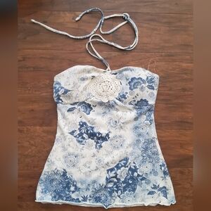 Floral Halter Top - Blue and White